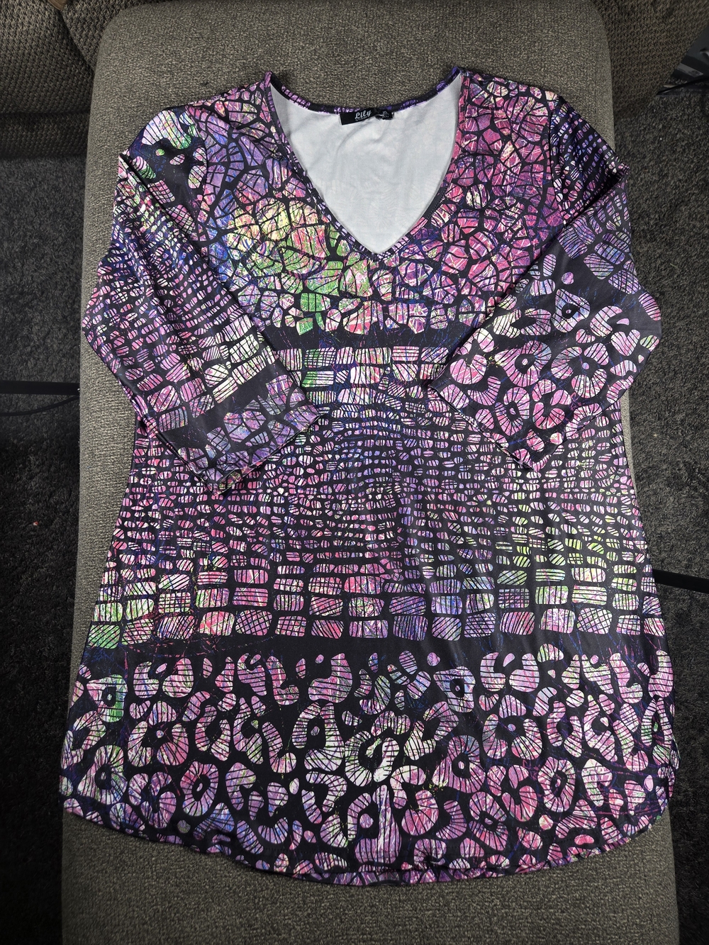 Vibrant Mosaic Womens V-Neck Top Tunic - Pink & Purple Multi Blouse